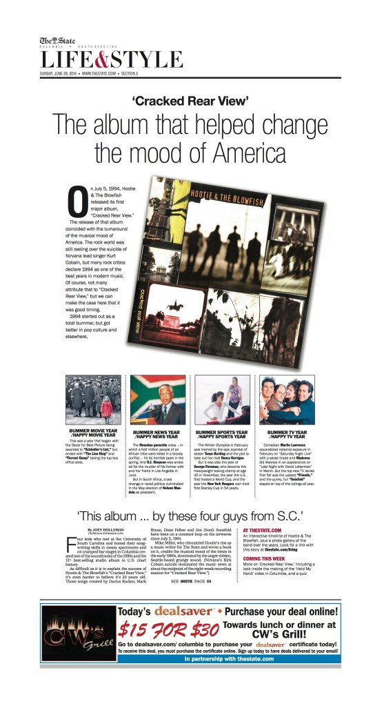 20th anniversary of Hootie & The Blowfish's release of "Cracked Rear View." The band originated in Columbia, SC