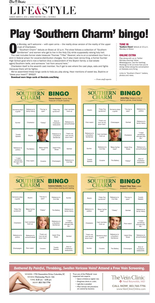 Bingo cards for the premiere of a Charleston, SC-based reality show, "Southern Charm."